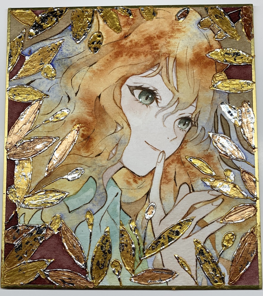 オリジナル 手描きイラスト 女の子 「オリーブの香り」 1/4色紙サイズ 透明水彩