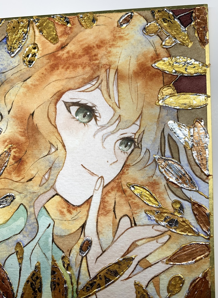 オリジナル 手描きイラスト 女の子 「オリーブの香り」 1/4色紙サイズ 透明水彩