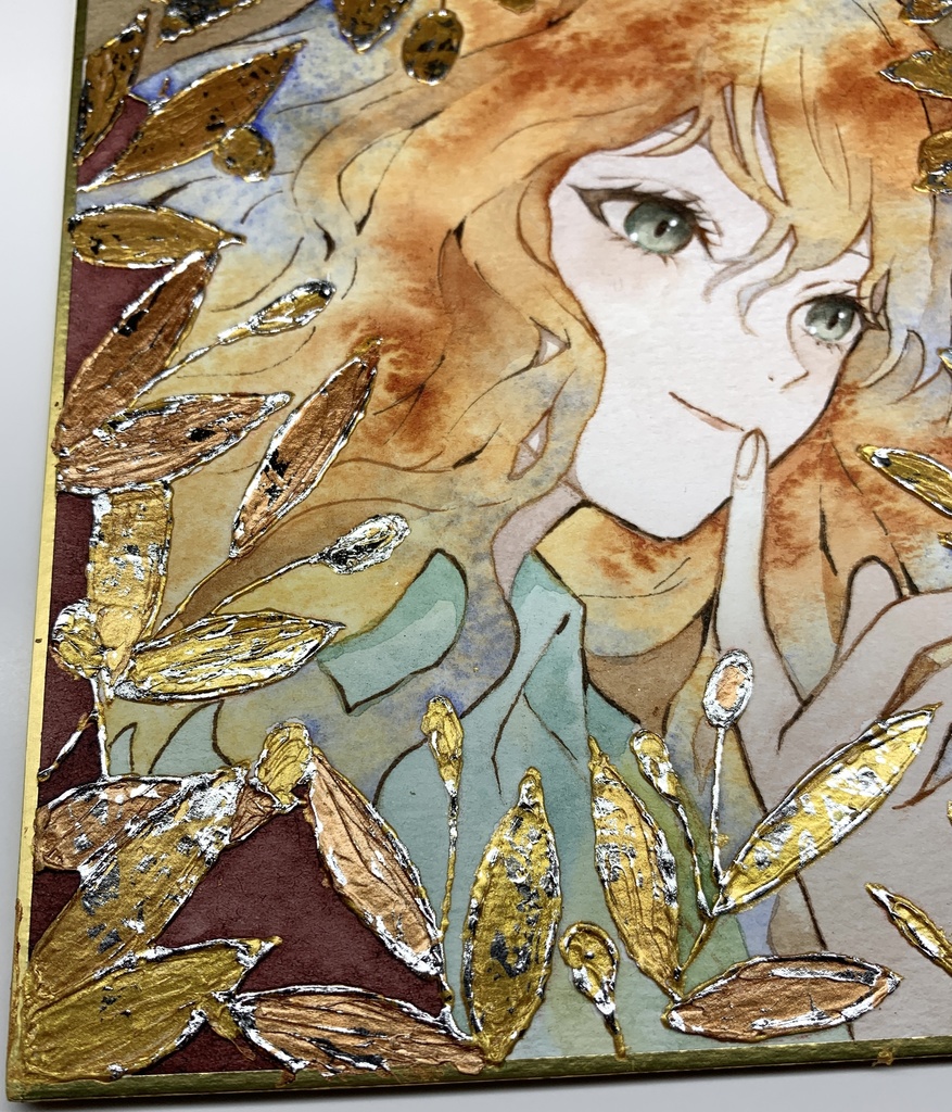 オリジナル 手描きイラスト 女の子 「オリーブの香り」 1/4色紙サイズ 透明水彩