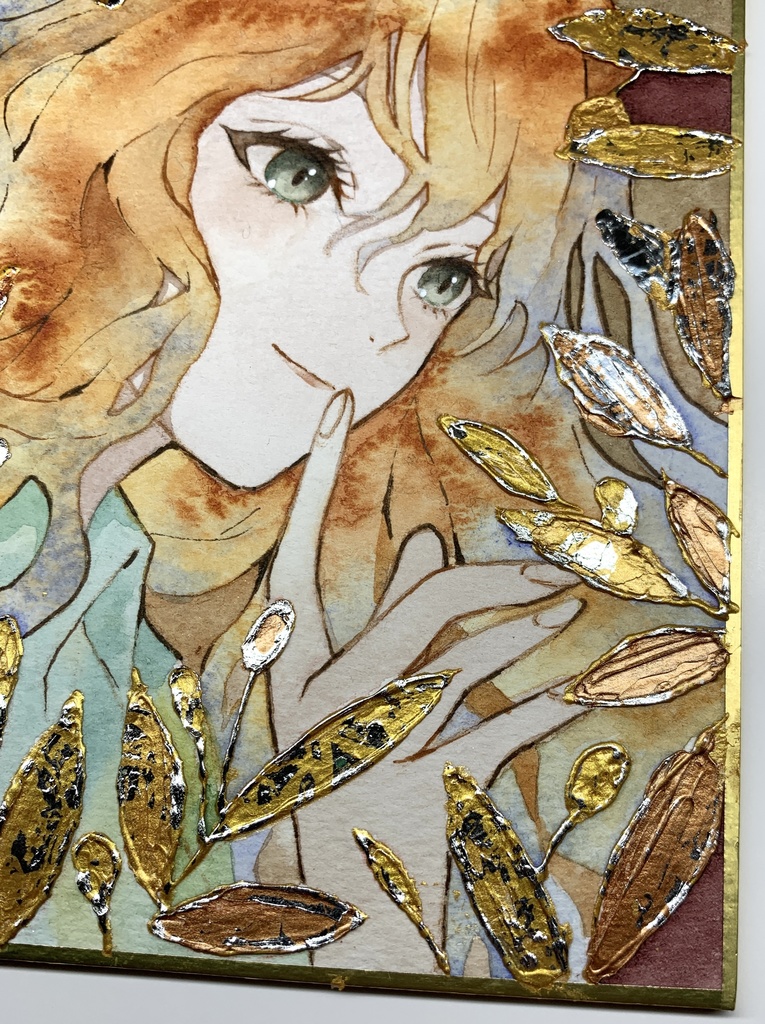 オリジナル 手描きイラスト 女の子 「オリーブの香り」 1/4色紙サイズ 透明水彩