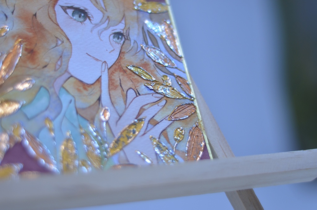 オリジナル 手描きイラスト 女の子 「オリーブの香り」 1/4色紙サイズ 透明水彩