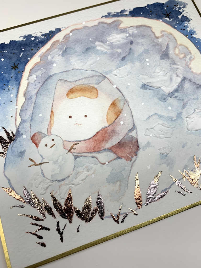 手描きイラスト オリジナル 「かまくらから見える景色は」 原画 創作 うたもち 秋田犬 1/4色紙サイズ 透明水彩