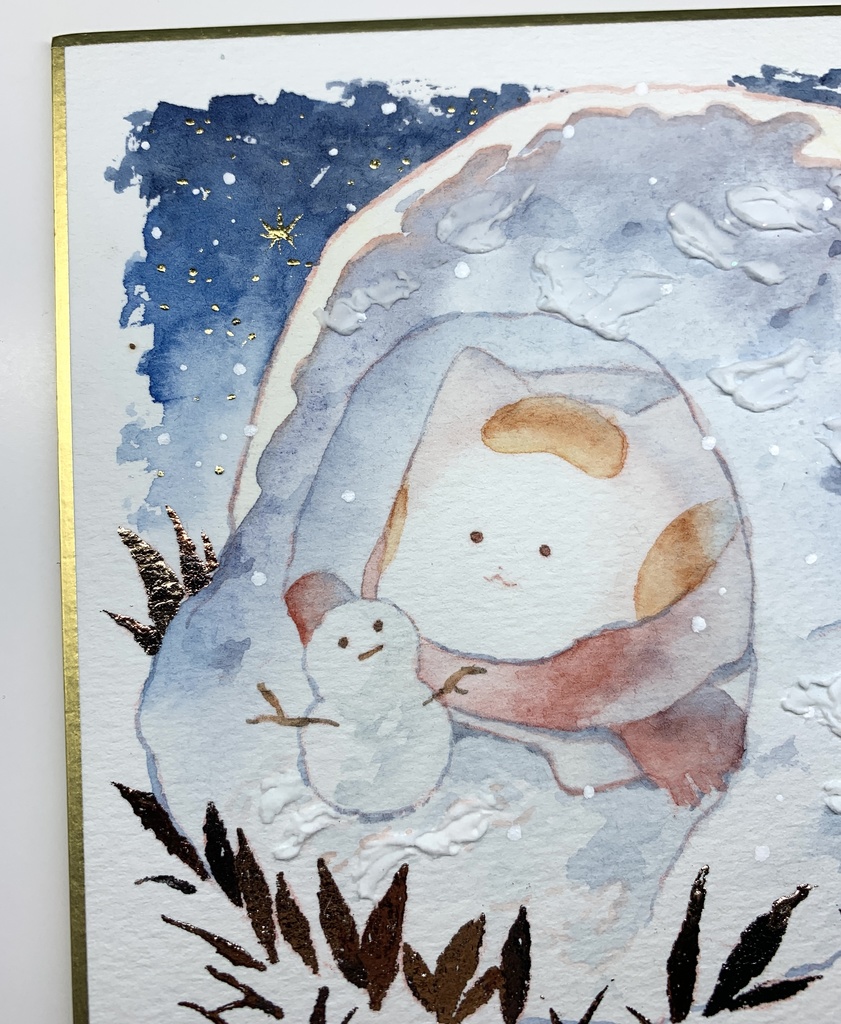 手描きイラスト オリジナル 「かまくらから見える景色は」 原画 創作 うたもち 秋田犬 1/4色紙サイズ 透明水彩