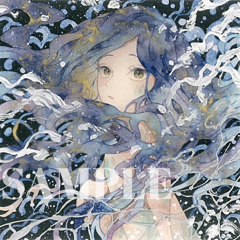 オリジナル 手描きイラスト 女の子 「夜を泳ぐ」 正方形サイズ 透明水彩 原画