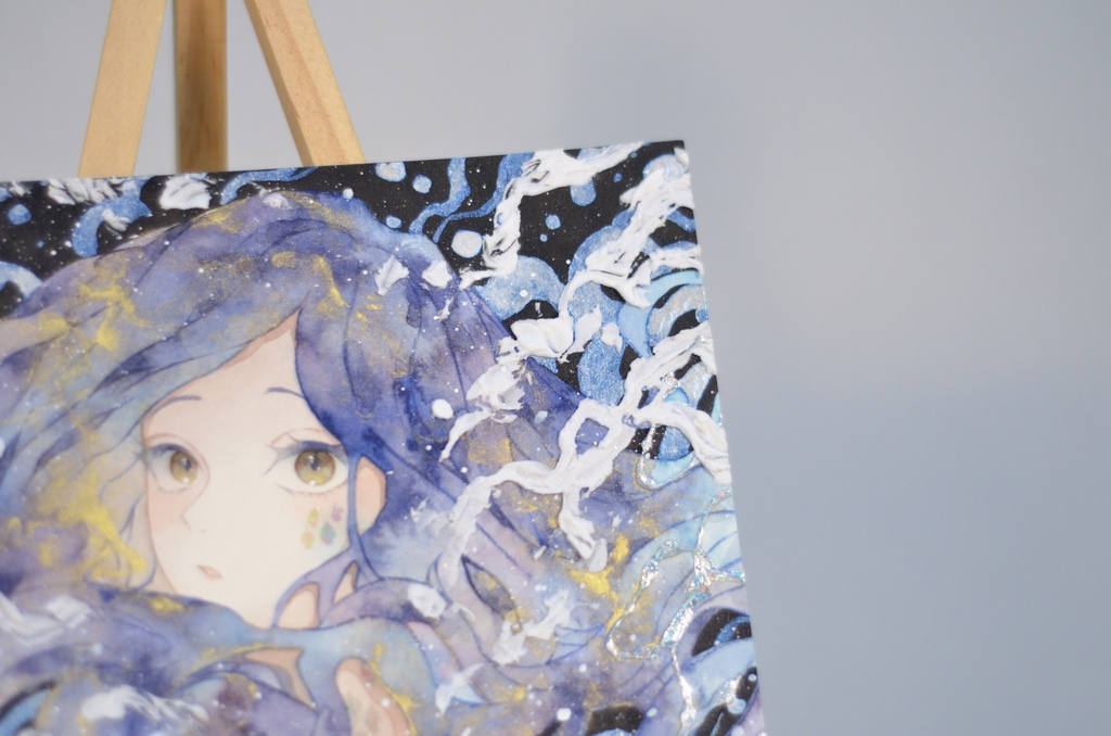 オリジナル 手描きイラスト 女の子 「夜を泳ぐ」 正方形サイズ 透明水彩 原画