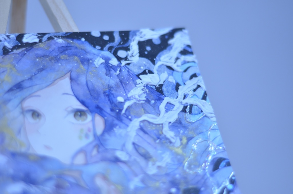 オリジナル 手描きイラスト 女の子 「夜を泳ぐ」 正方形サイズ 透明水彩