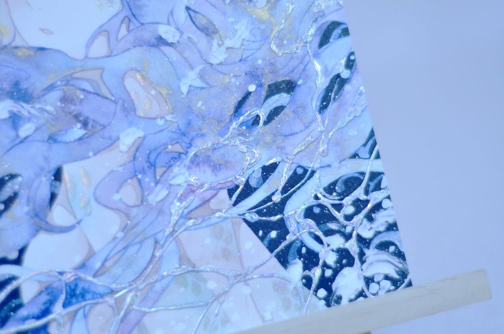 オリジナル 手描きイラスト 女の子 「夜を泳ぐ」 正方形サイズ 透明水彩