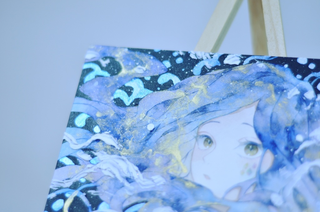 オリジナル 手描きイラスト 女の子 「夜を泳ぐ」 正方形サイズ 透明水彩