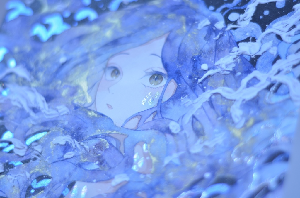 オリジナル 手描きイラスト 女の子 「夜を泳ぐ」 正方形サイズ 透明水彩