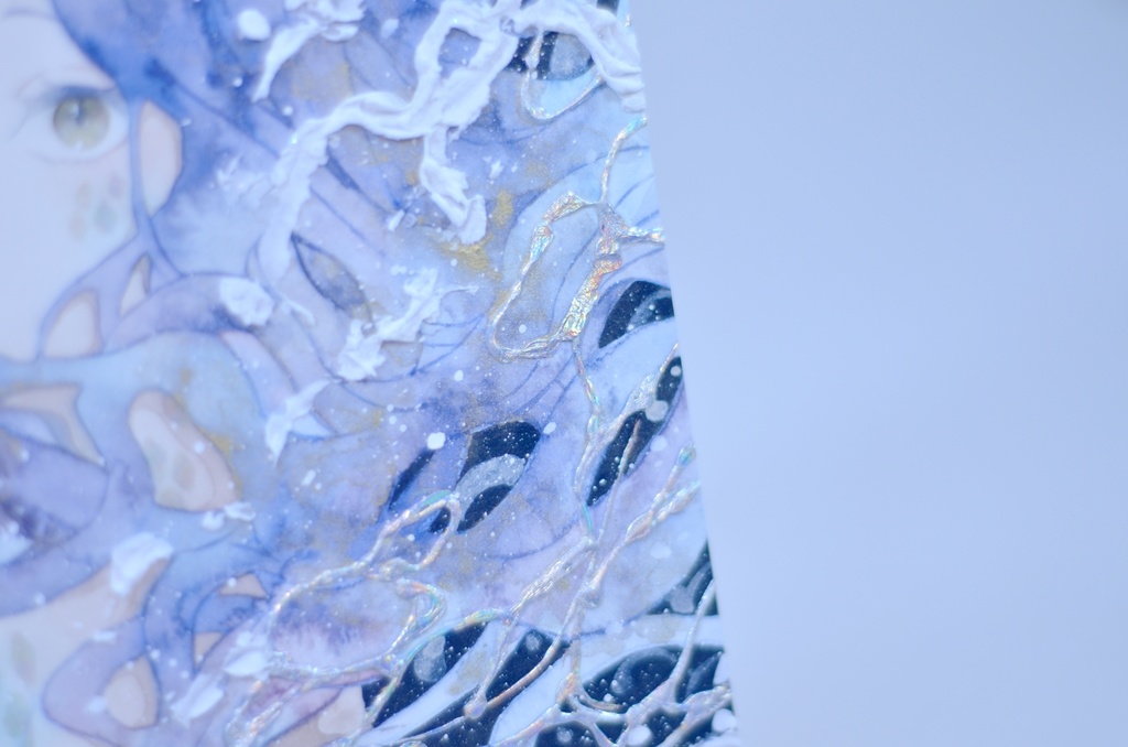 オリジナル 手描きイラスト 女の子 「夜を泳ぐ」 正方形サイズ 透明水彩