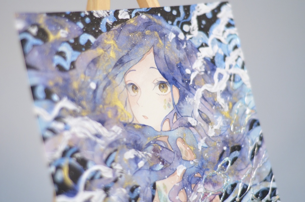 オリジナル 手描きイラスト 女の子 「夜を泳ぐ」 正方形サイズ 透明水彩 原画