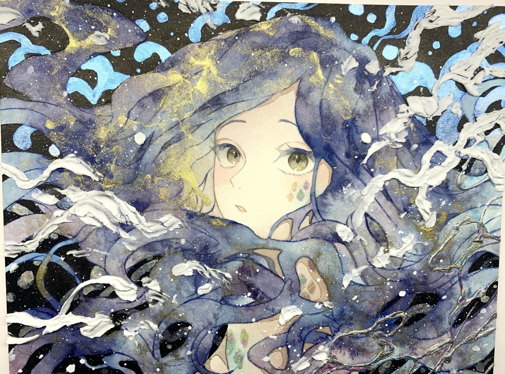 オリジナル 手描きイラスト 女の子 「夜を泳ぐ」 正方形サイズ 透明水彩