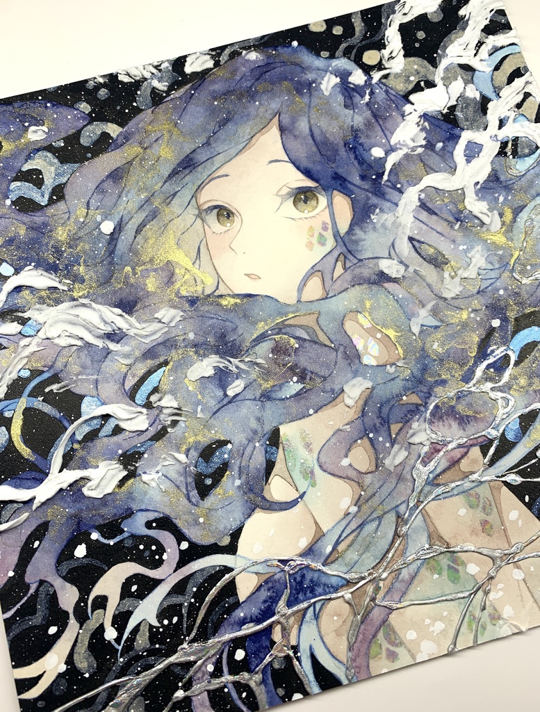 オリジナル 手描きイラスト 女の子 「夜を泳ぐ」 正方形サイズ 透明水彩