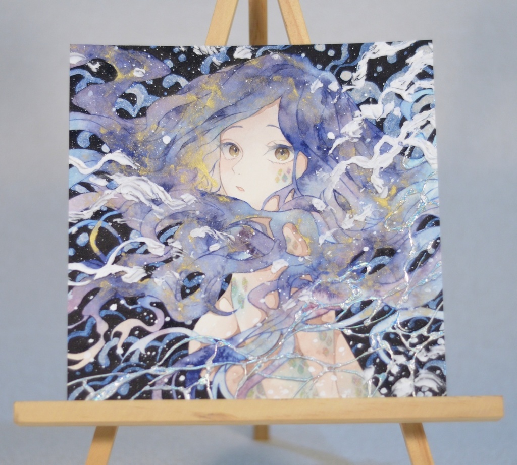 オリジナル　手描きイラスト　女の子　「夜を泳ぐ」 正方形サイズ　透明水彩　原画