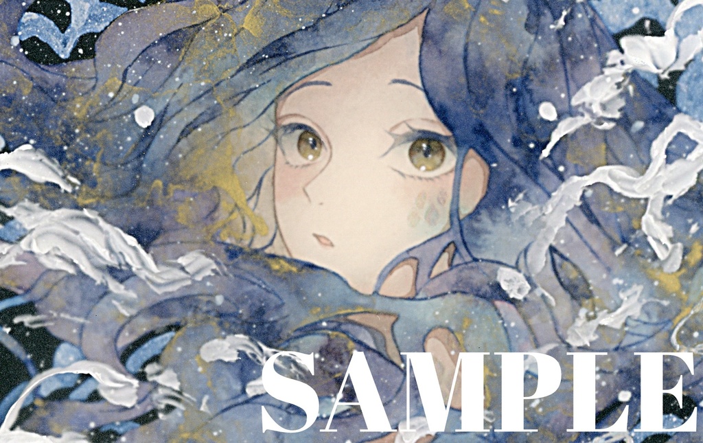 オリジナル 手描きイラスト 女の子 「夜を泳ぐ」 正方形サイズ 透明水彩