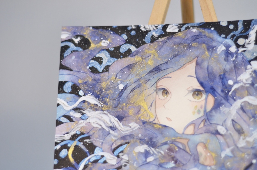 オリジナル 手描きイラスト 女の子 「夜を泳ぐ」 正方形サイズ 透明水彩 原画