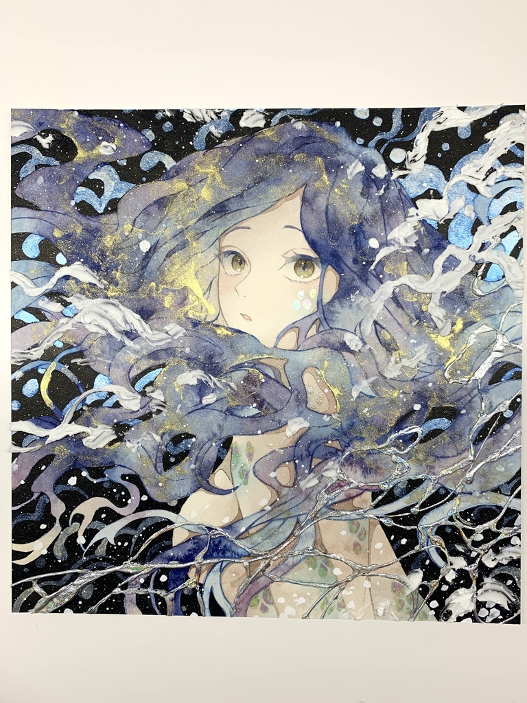 オリジナル 手描きイラスト 女の子 「夜を泳ぐ」 正方形サイズ 透明水彩