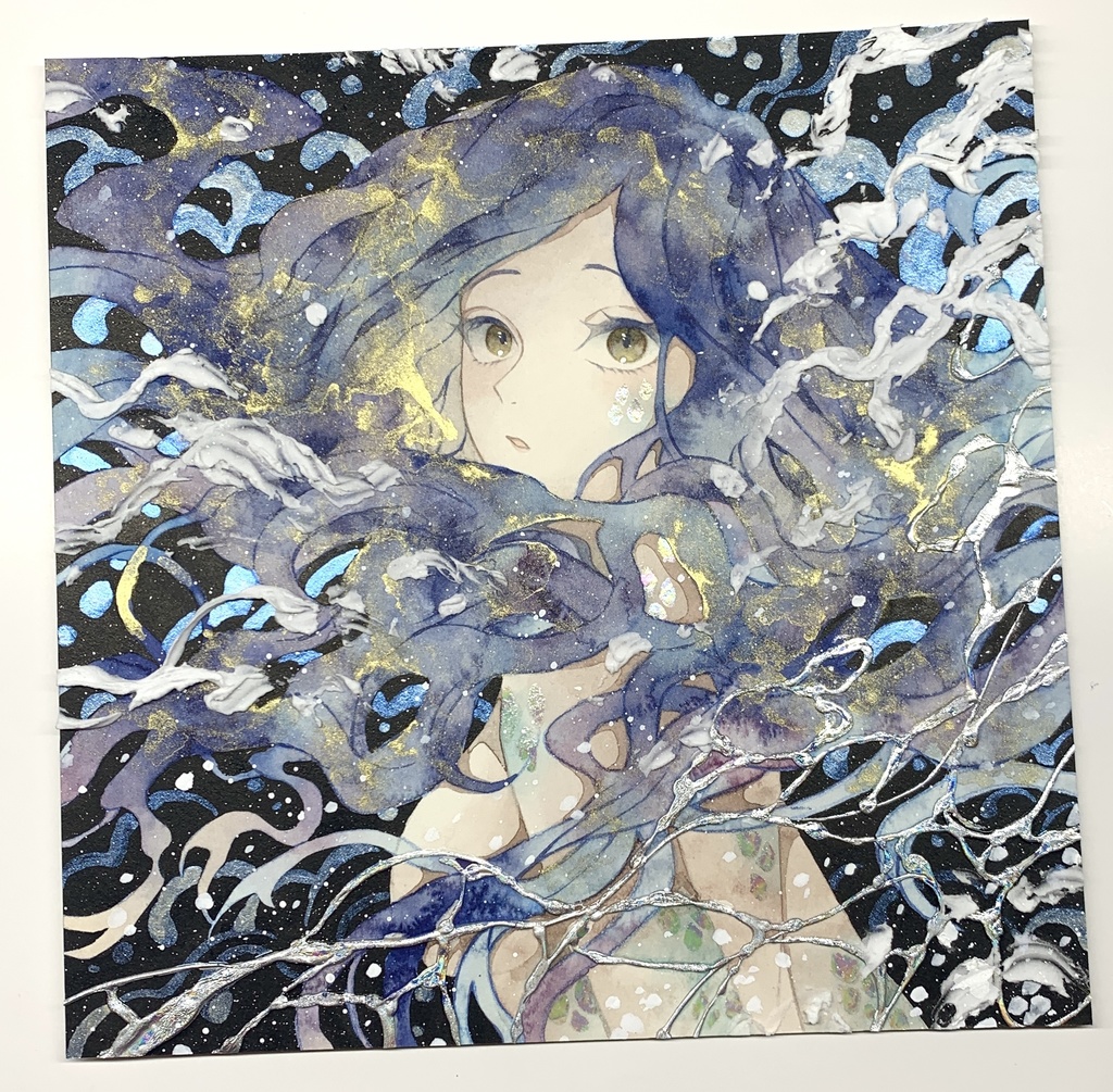 オリジナル 手描きイラスト 女の子 「夜を泳ぐ」 正方形サイズ 透明水彩