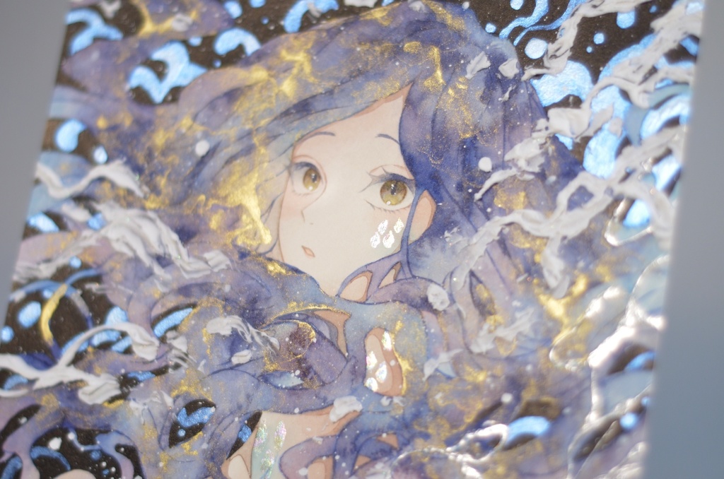 オリジナル 手描きイラスト 女の子 「夜を泳ぐ」 正方形サイズ 透明水彩 原画