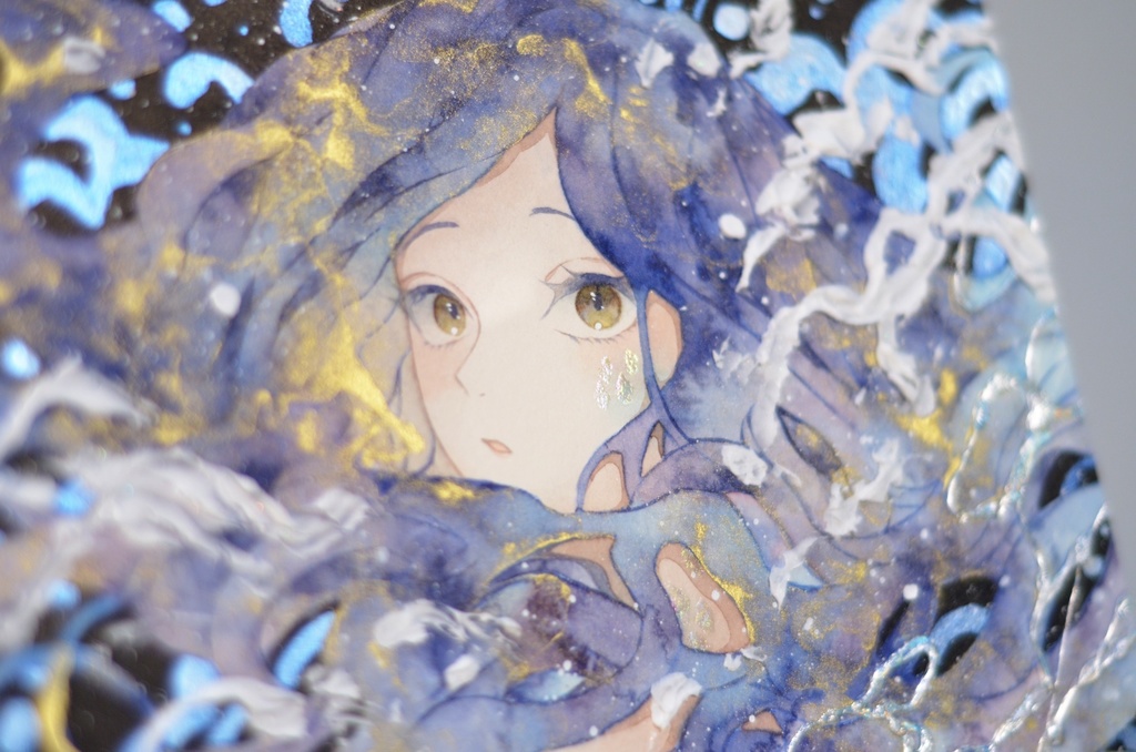 オリジナル 手描きイラスト 女の子 「夜を泳ぐ」 正方形サイズ 透明水彩 原画