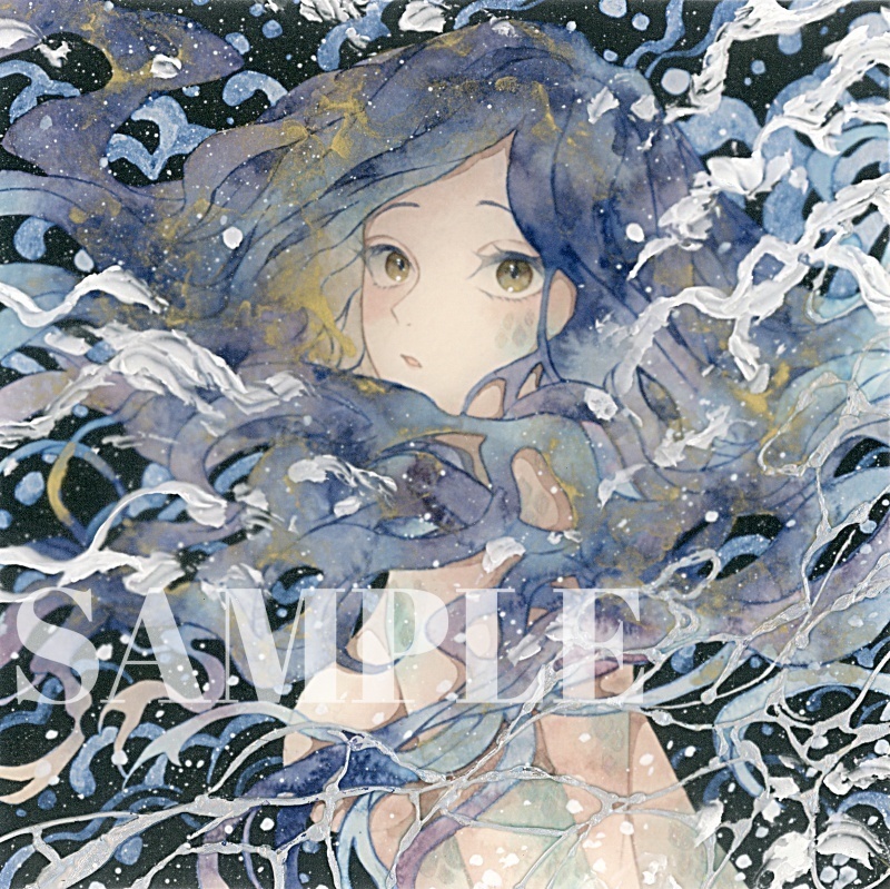 オリジナル 手描きイラスト 女の子 「夜を泳ぐ」 正方形サイズ 透明水彩