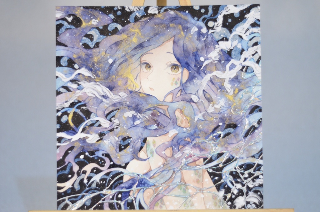 オリジナル 手描きイラスト 女の子 「夜を泳ぐ」 正方形サイズ 透明水彩 原画