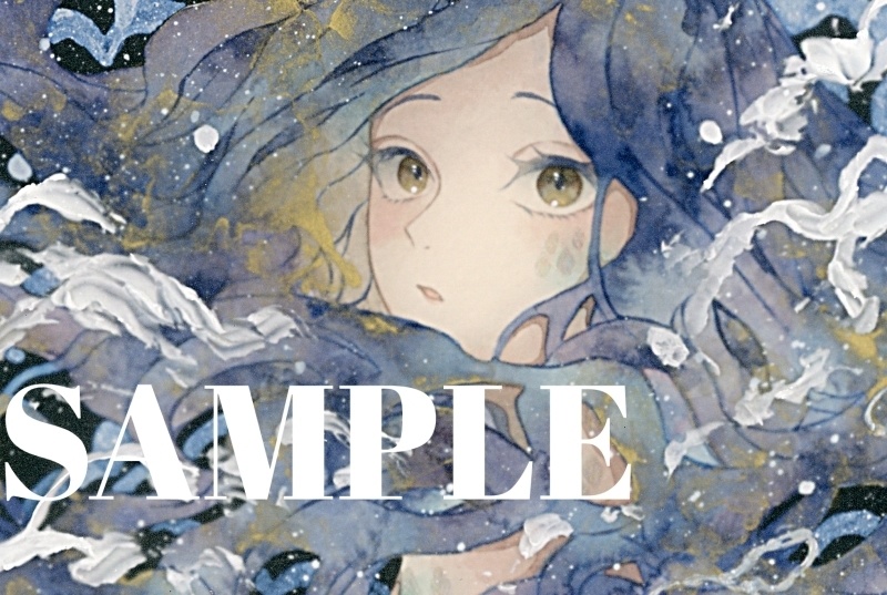 オリジナル 手描きイラスト 女の子 「夜を泳ぐ」 正方形サイズ 透明水彩 原画