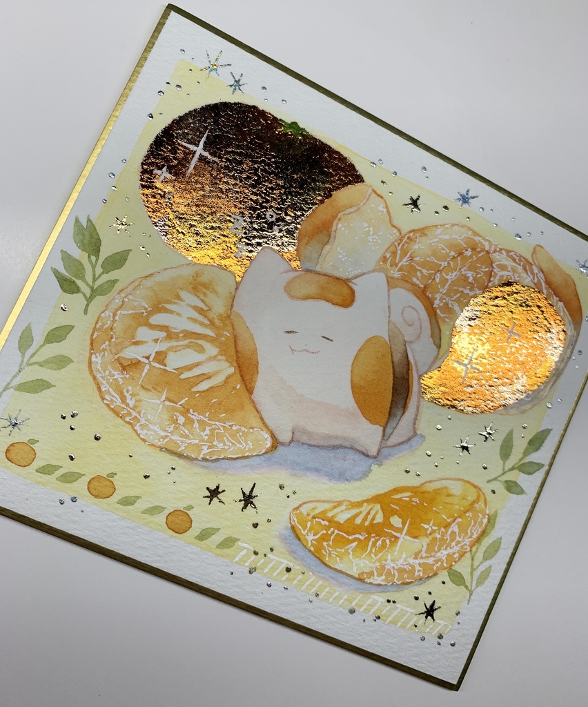 手描きイラスト オリジナル 「酸味香るみかん枕で」 原画 創作 うたもち 秋田犬 1/4色紙サイズ 透明水彩