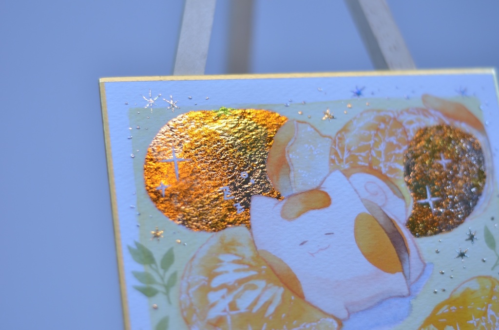 手描きイラスト オリジナル 「酸味香るみかん枕で」 原画 創作 うたもち 秋田犬 1/4色紙サイズ 透明水彩