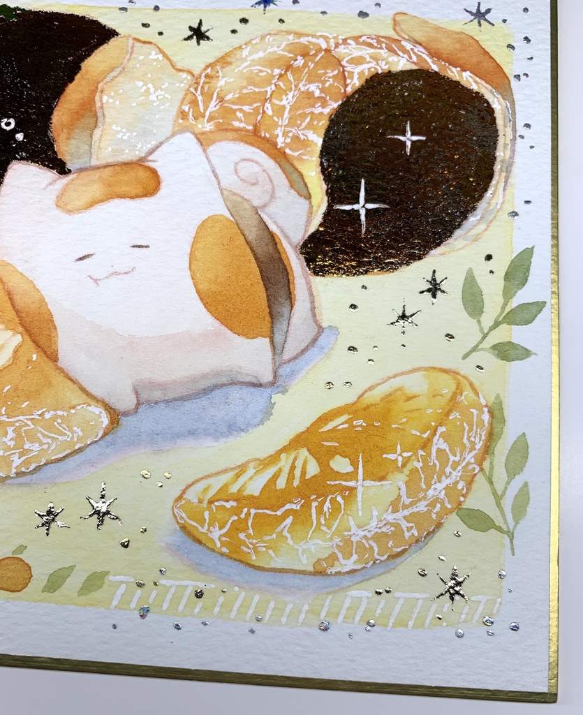 手描きイラスト オリジナル 「酸味香るみかん枕で」 原画 創作 うたもち 秋田犬 1/4色紙サイズ 透明水彩