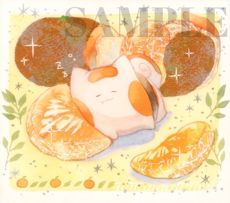 手描きイラスト オリジナル　「酸味香るみかん枕で」　原画　創作　うたもち　秋田犬　1/4色紙サイズ　透明水彩