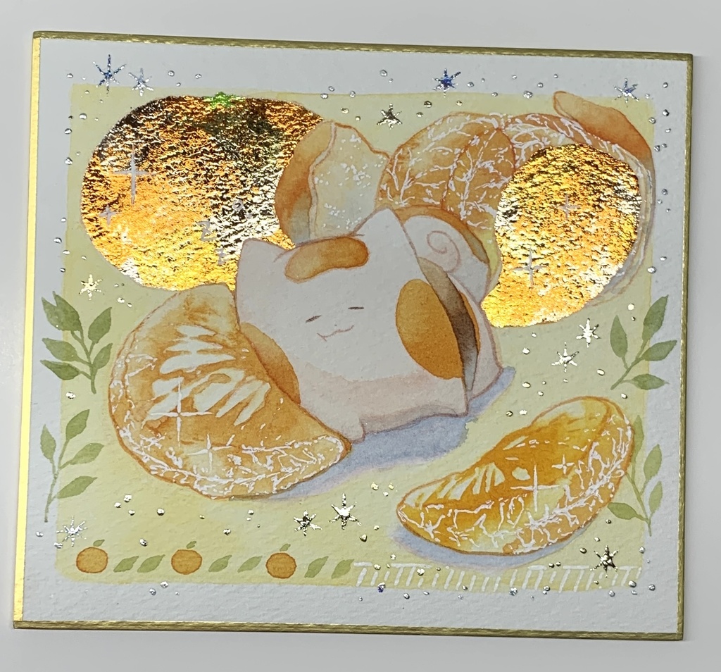 手描きイラスト オリジナル 「酸味香るみかん枕で」 原画 創作 うたもち 秋田犬 1/4色紙サイズ 透明水彩