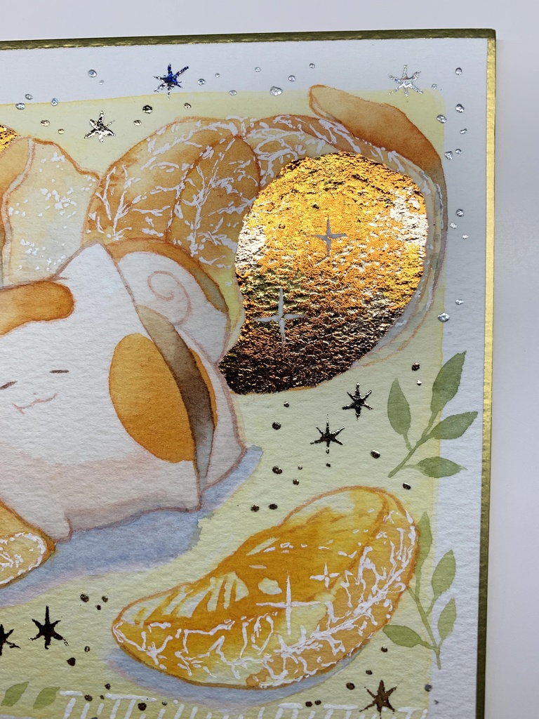 手描きイラスト オリジナル 「酸味香るみかん枕で」 原画 創作 うたもち 秋田犬 1/4色紙サイズ 透明水彩