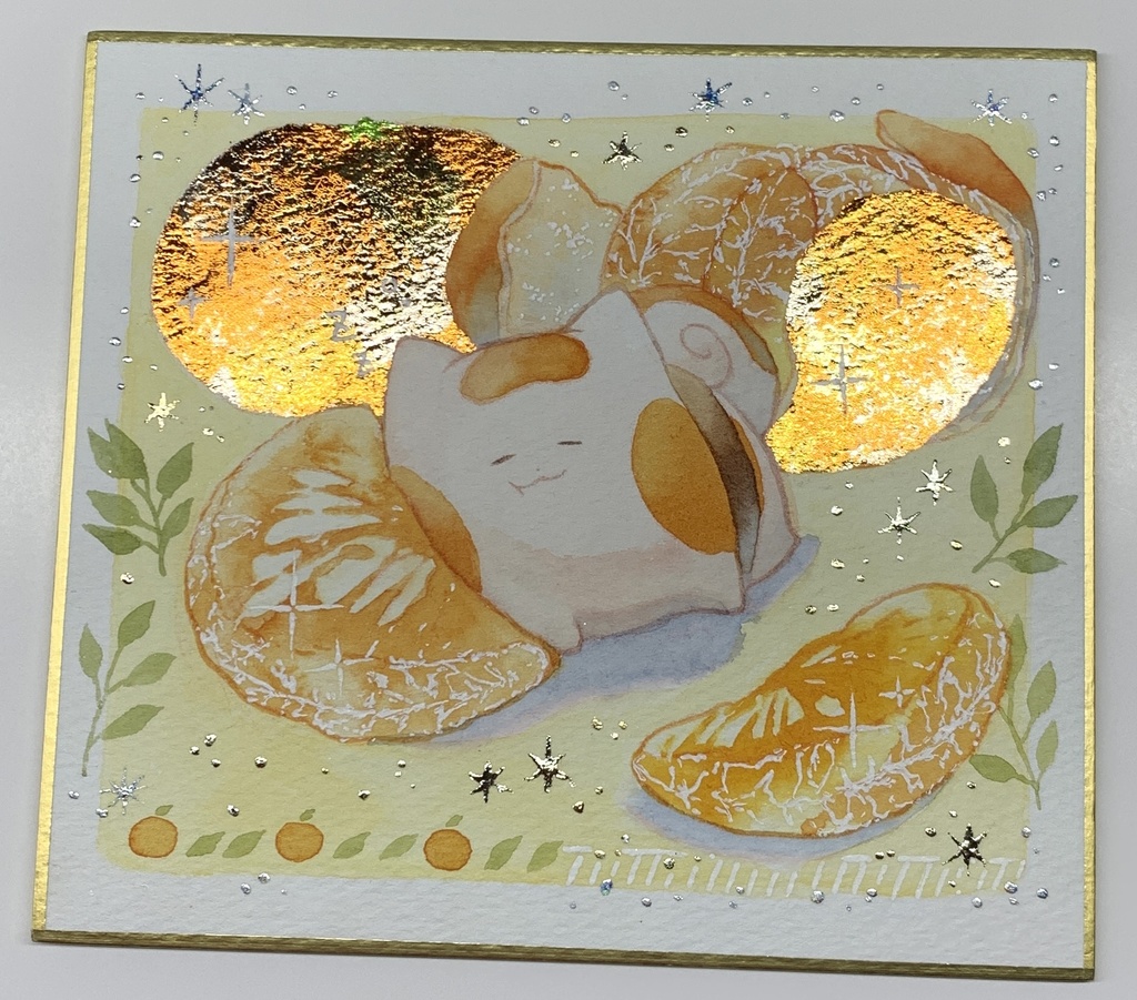 手描きイラスト オリジナル 「酸味香るみかん枕で」 原画 創作 うたもち 秋田犬 1/4色紙サイズ 透明水彩