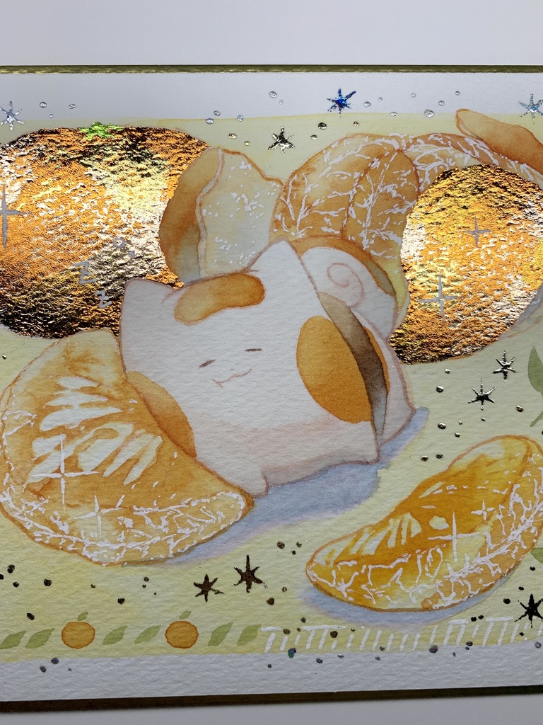 手描きイラスト オリジナル 「酸味香るみかん枕で」 原画 創作 うたもち 秋田犬 1/4色紙サイズ 透明水彩