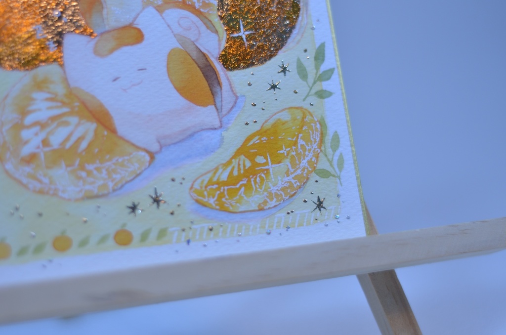 手描きイラスト オリジナル 「酸味香るみかん枕で」 原画 創作 うたもち 秋田犬 1/4色紙サイズ 透明水彩