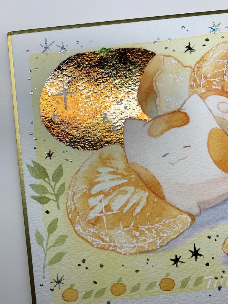 手描きイラスト オリジナル 「酸味香るみかん枕で」 原画 創作 うたもち 秋田犬 1/4色紙サイズ 透明水彩