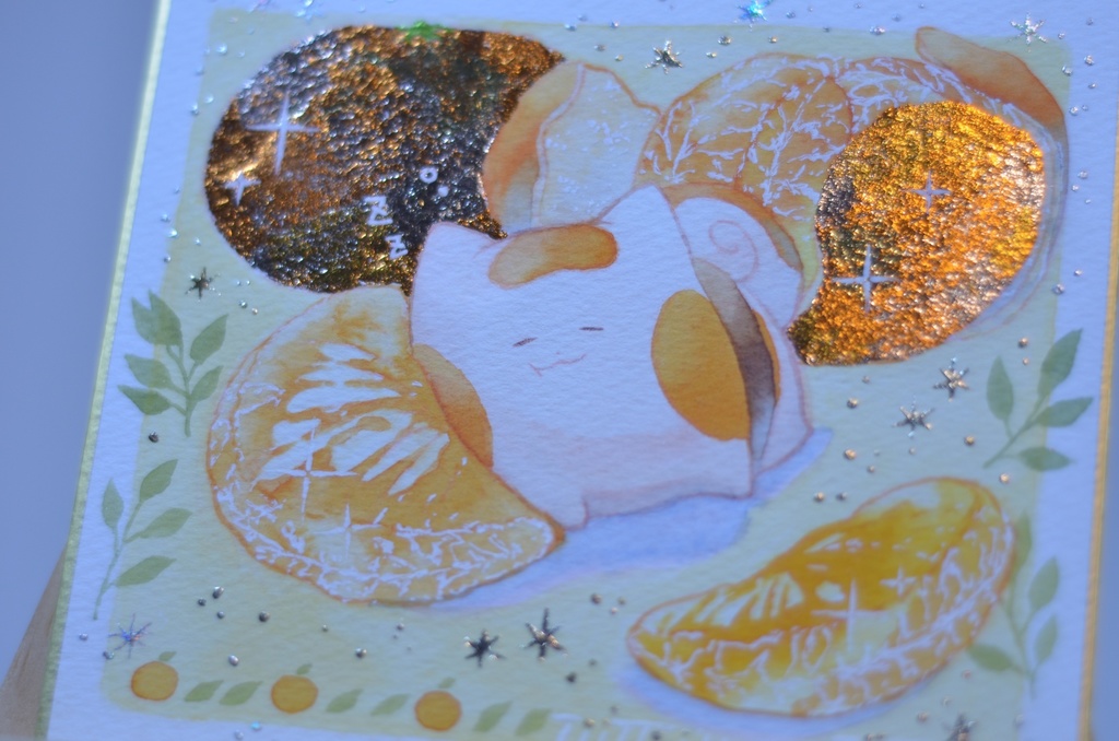 手描きイラスト オリジナル 「酸味香るみかん枕で」 原画 創作 うたもち 秋田犬 1/4色紙サイズ 透明水彩