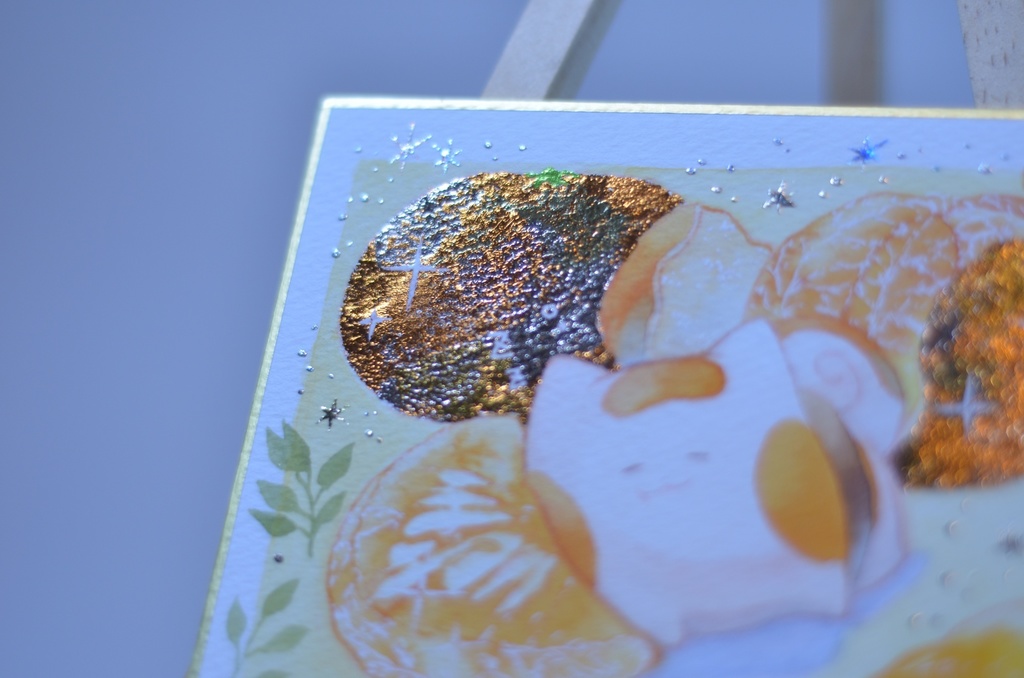 手描きイラスト オリジナル 「酸味香るみかん枕で」 原画 創作 うたもち 秋田犬 1/4色紙サイズ 透明水彩