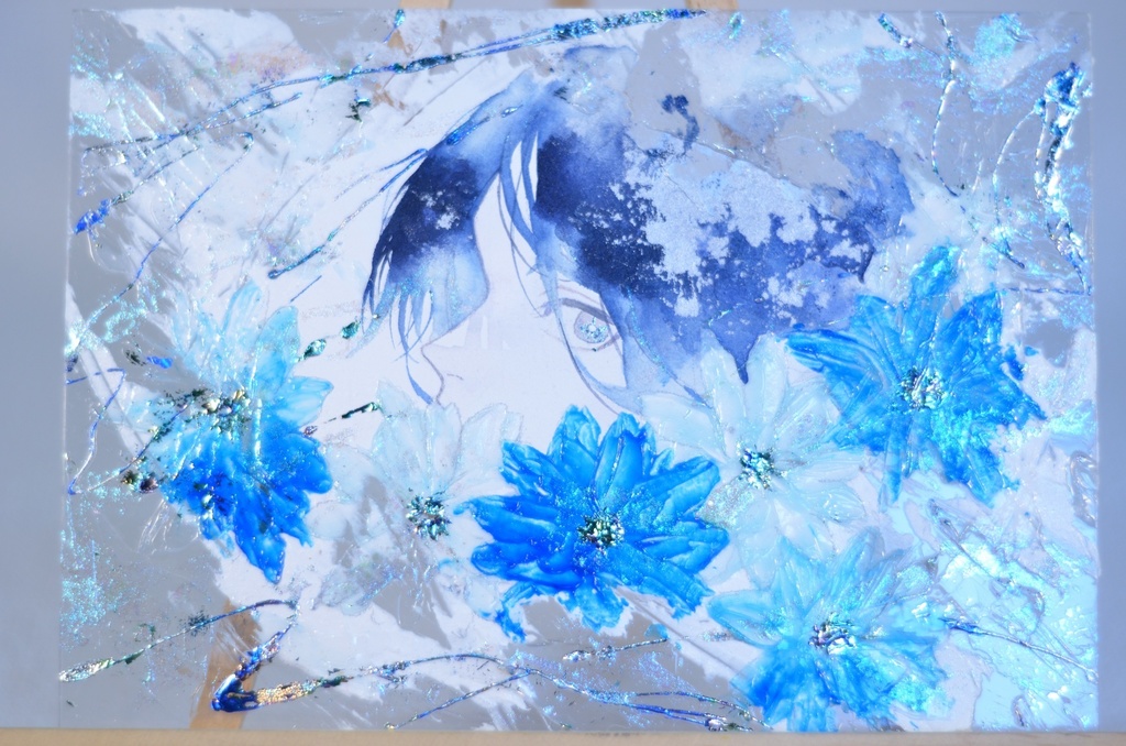 オリジナル 手描きイラスト 男の子 青年 「花に埋もれて」 アクリル板 A5サイズ 透明水彩 原画