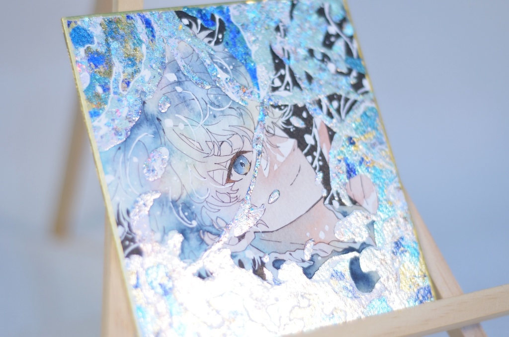 オリジナル 手描きイラスト 男の子 青年 「波の花」 1/4色紙サイズ 透明水彩 原画