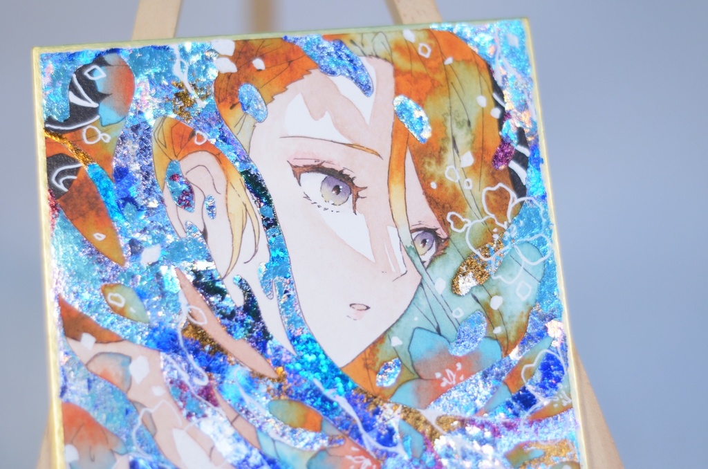 オリジナル 手描きイラスト 女の子 「花海の人魚」 1/4色紙サイズ 透明水彩 原画