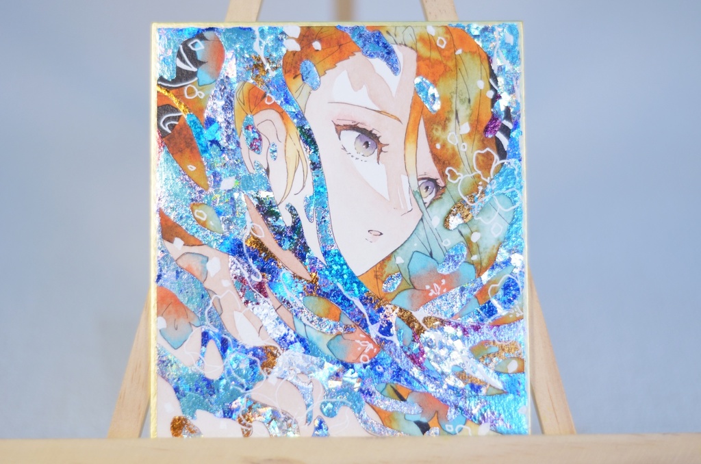 オリジナル 手描きイラスト 女の子 「花海の人魚」 1/4色紙サイズ 透明水彩 原画