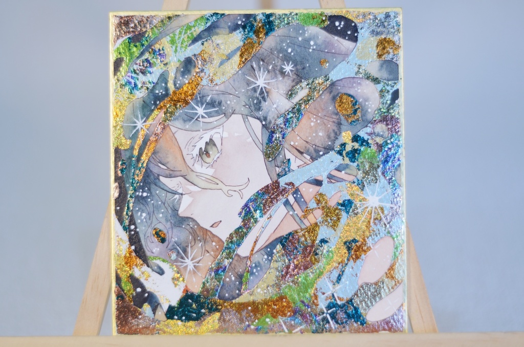 オリジナル 手描きイラスト 女の子 「星屑の湖」 1/4色紙サイズ 透明水彩 原画