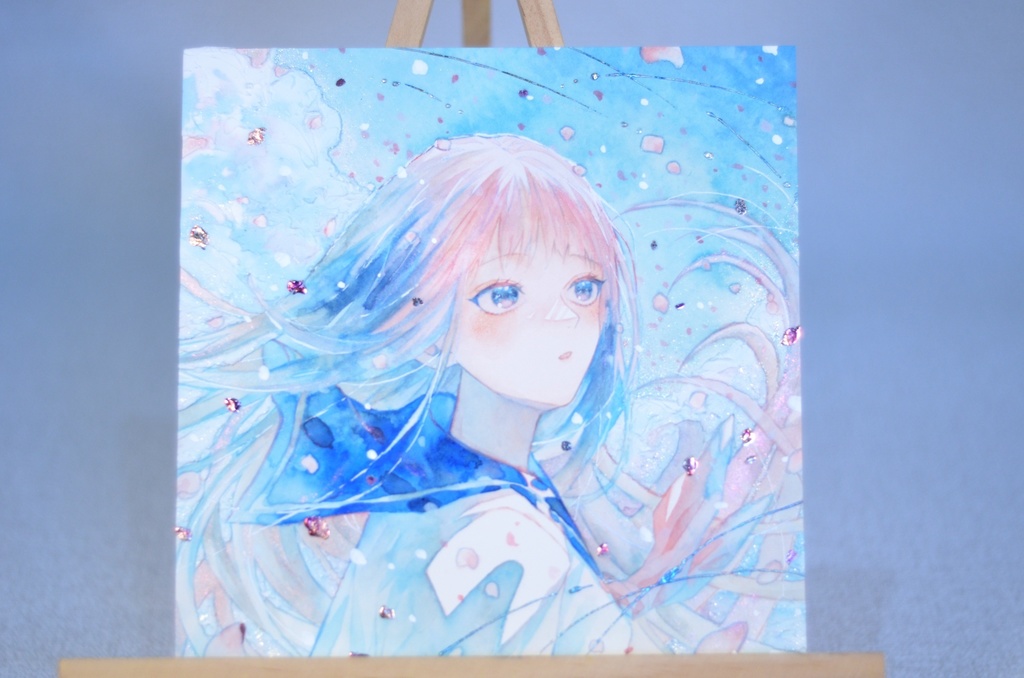 オリジナル 手描きイラスト 女の子 「はじまり」 正方形サイズ 透明水彩 原画