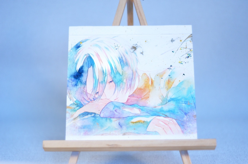 オリジナル 手描きイラスト 女の子 「夢の続きを」 正方形サイズ 透明水彩 原画