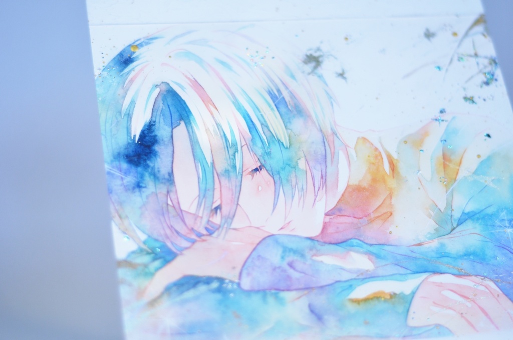 オリジナル 手描きイラスト 女の子 「夢の続きを」 正方形サイズ 透明水彩 原画