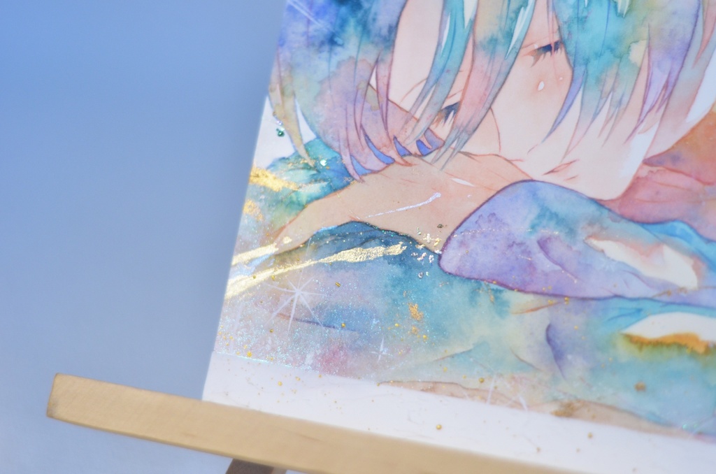 オリジナル 手描きイラスト 女の子 「夢の続きを」 正方形サイズ 透明水彩 原画