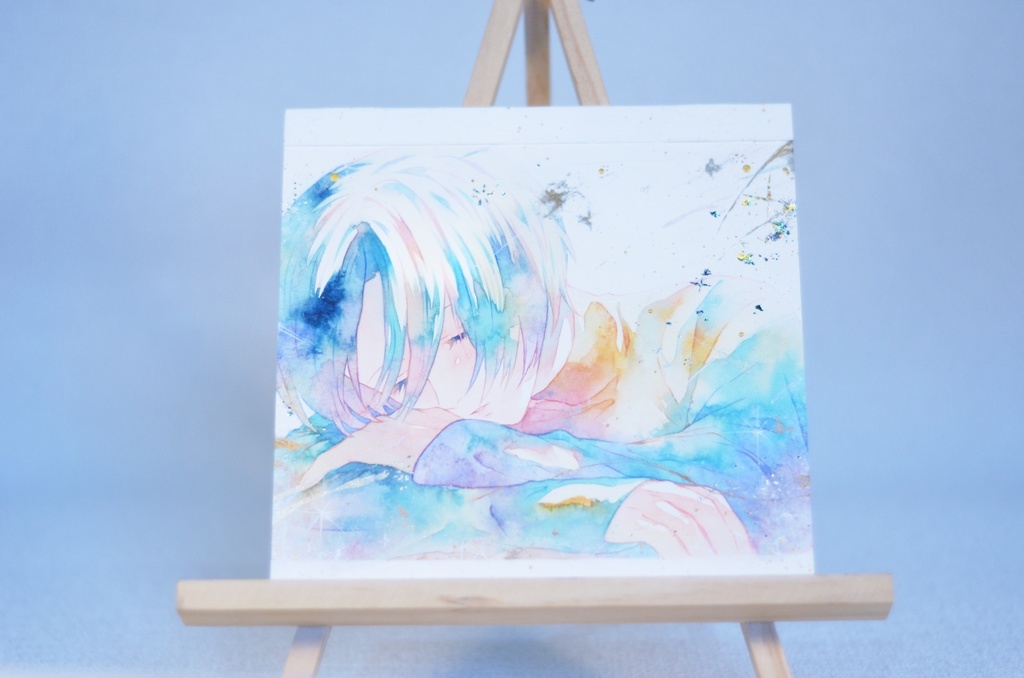 オリジナル 手描きイラスト 女の子 「夢の続きを」 正方形サイズ 透明水彩 原画