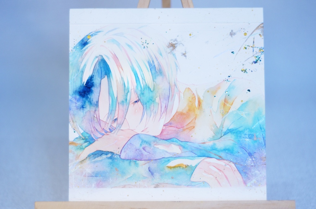 オリジナル 手描きイラスト 女の子 「夢の続きを」 正方形サイズ 透明水彩 原画